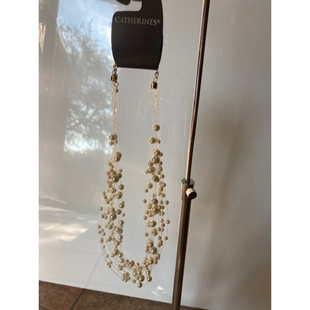 Catherines Multi Strand Illusion Necklace Cream Faux Pearl Floating Gld Tone NWT